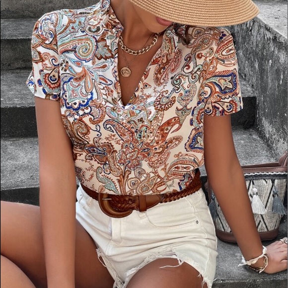 Tops - Boho Paisley Floral Print Notched Neck Top Blouse